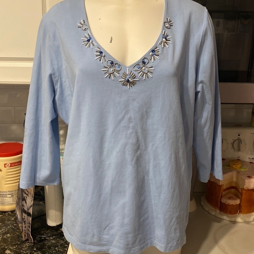 D womens Hearts of Palm casual blue stretch 3/4 sleeve plus size top 1X